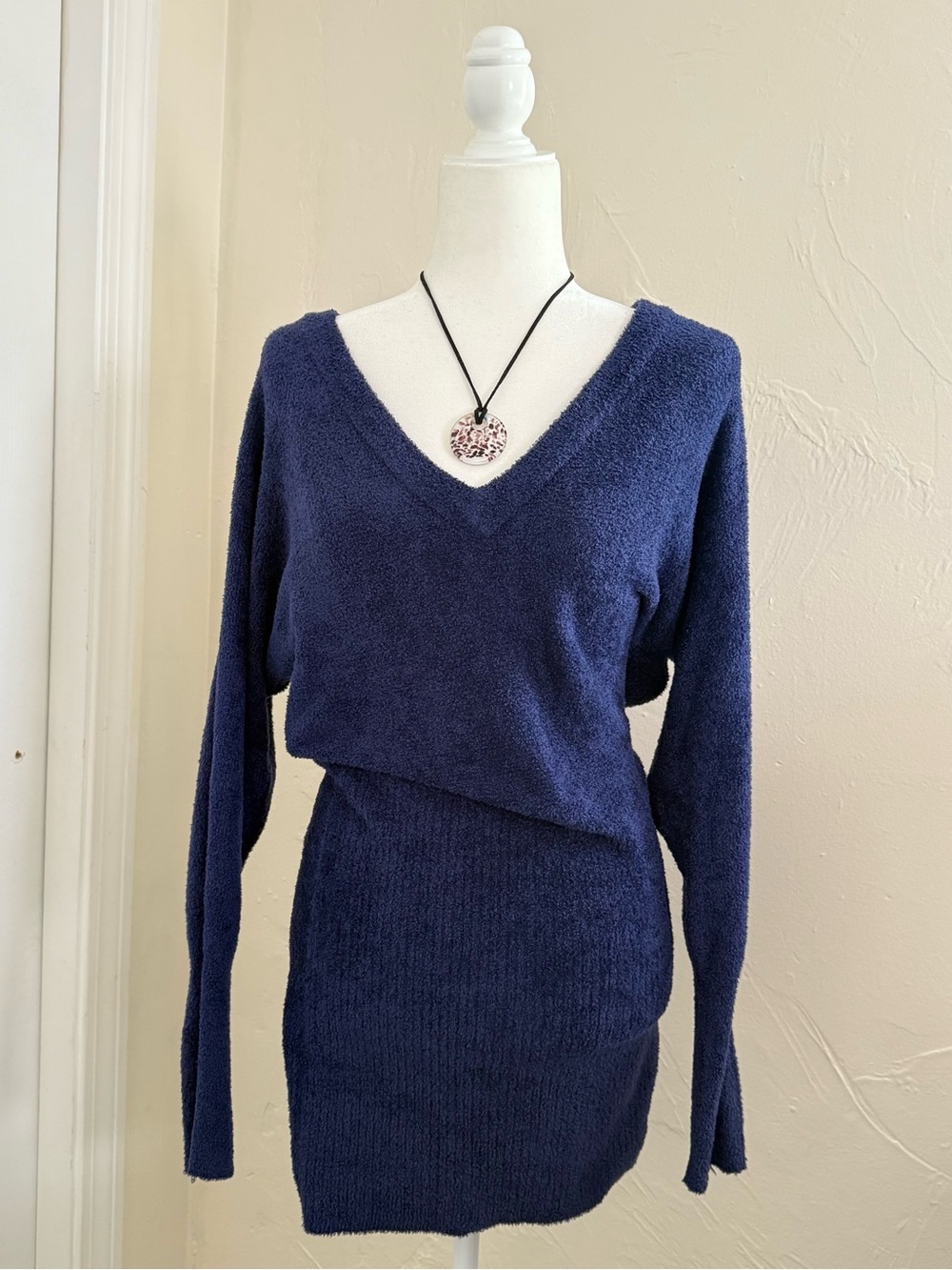 Cozy V-Neck Women’s Sweater Dress - Navy
